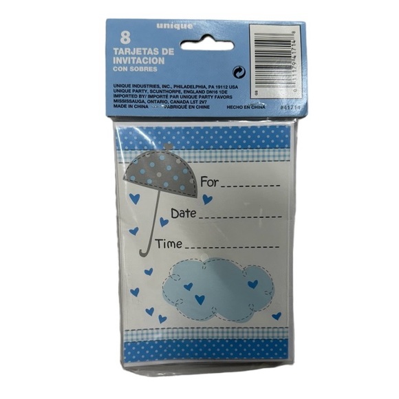 8 baby shower invitations. Blue and white with elephant on front. New in package - Picture 4 of 4